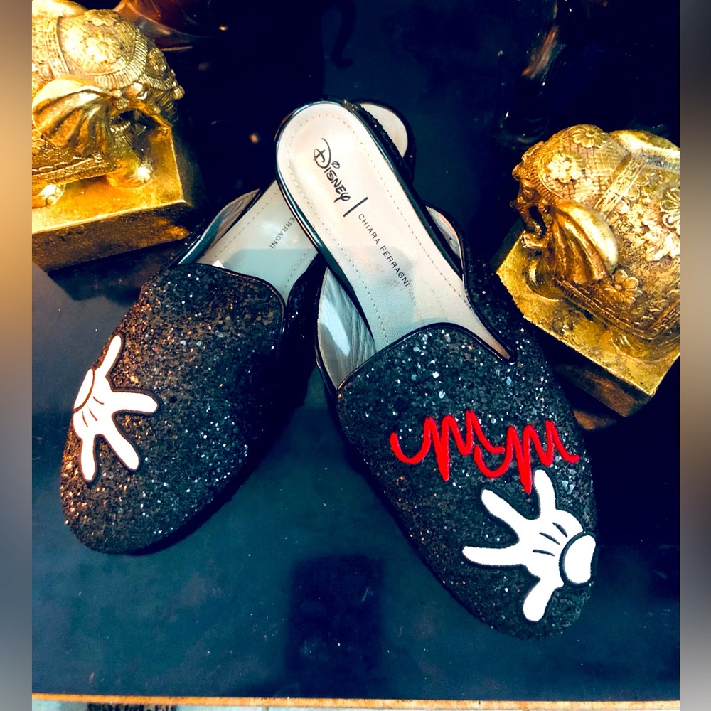 Chiara Ferragni “ Disney” Black Glitter Mules  Red and White Accents
